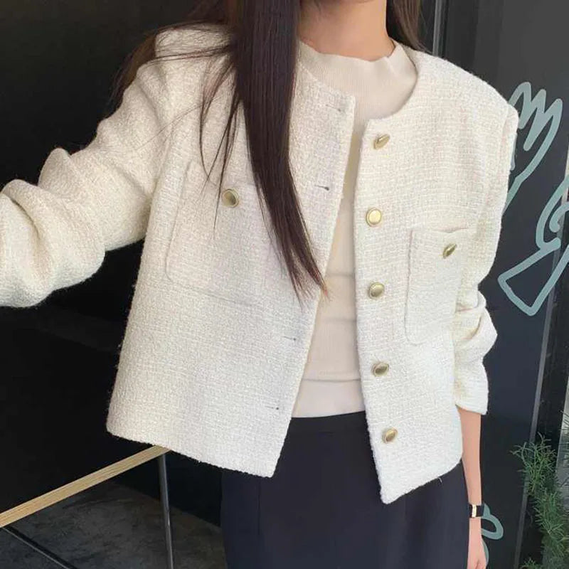 Women French Style Tweed Coat High-End Korean Fashion Metal Buttons Short Jacket Ladies Streetwear Temperament O-Neck Outwear