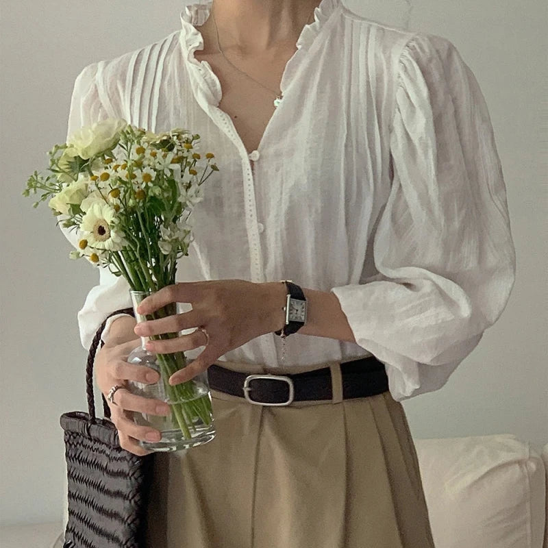 Spring Autumn Korean Women's Blouses 2025 New Long Sleeve V-neck Single Breasted White Vintage Loose Shirts Female