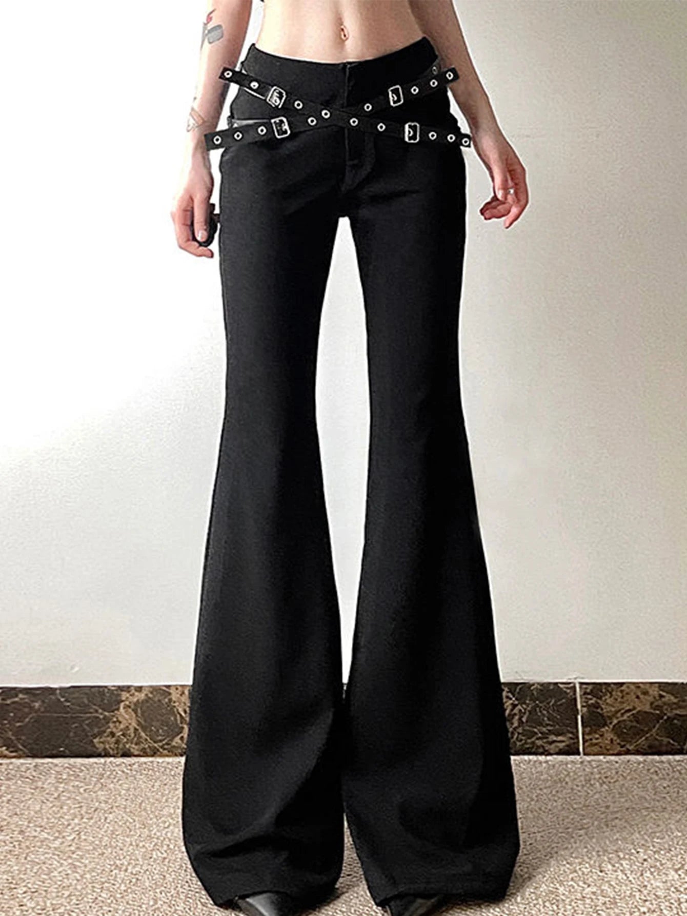 Summer New European And American Style Bell Bottoms Fashion Women's Fashion Trend Leather Buckle Waist Tight Trousers Woman