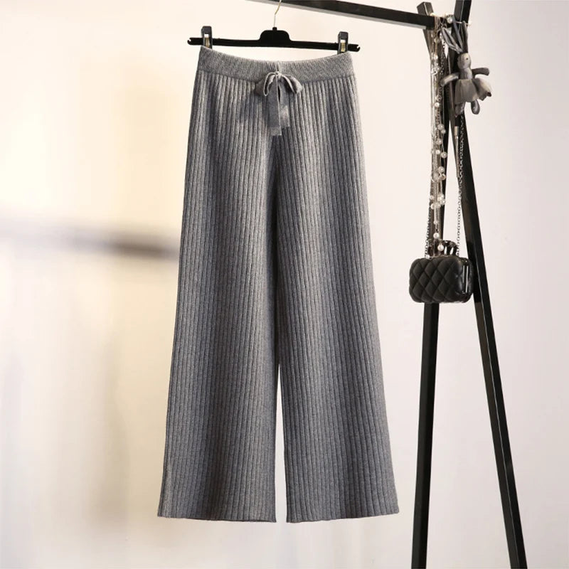Women's Thicken Warm Knitted Trousers Autumn Winter Korean Office Lady Elegant Wide Leg Pants Stretch Drawstring Straight Pant