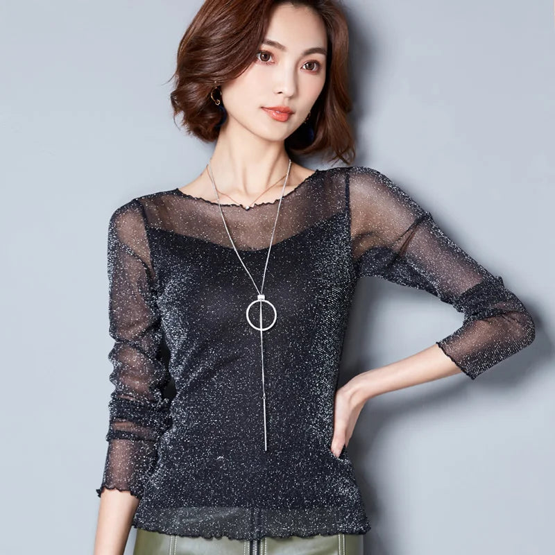 2025 Glitter Mesh Blouse Sexy Womens Shirts Long Sleeve Tops Korean Black Pink O-Neck Elegant Slim Blouse Camisas Femininas