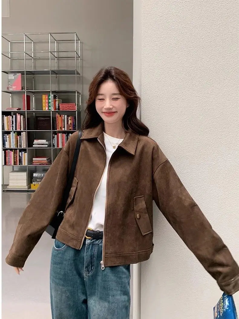 Retro Korean Cropped Suede Jacket Women's Slim-Fit Spring Fall Long Sleeve Zip Casual Brown Vintage Outerwear Cleanfit