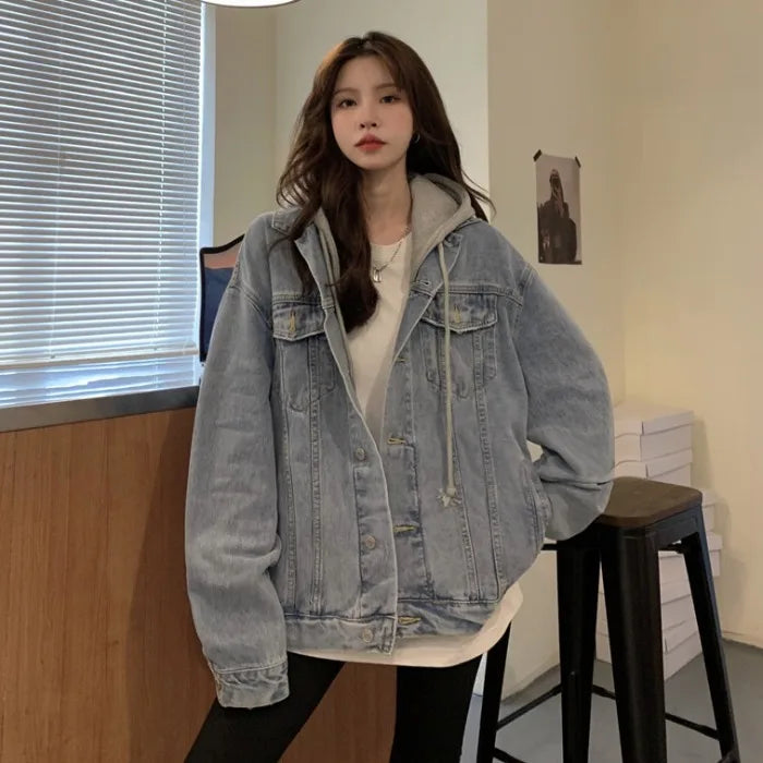 Women's Hooded Denim Jacket 2024 Spring Fall Collection Light Wash Korean-Inspired Oversized Casual Coat Trendy Streetwear Top