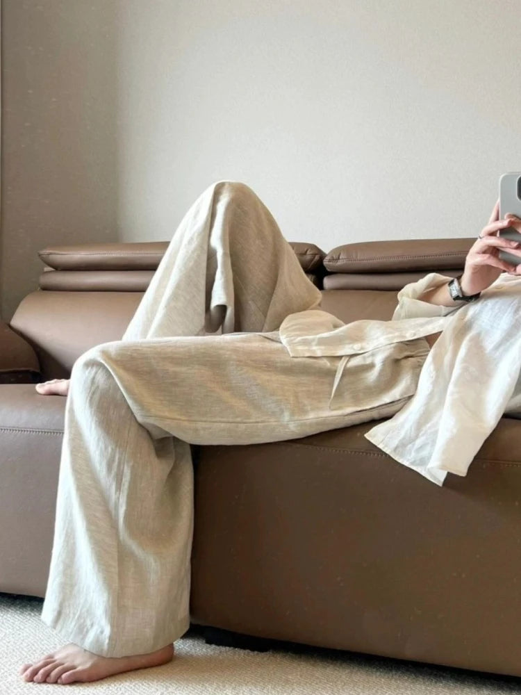High Waisted Linen Wide Leg Pants for Summer Loose Comfort Breathable Floor Length Pants Leisure Simple Cotton and Linen Pants