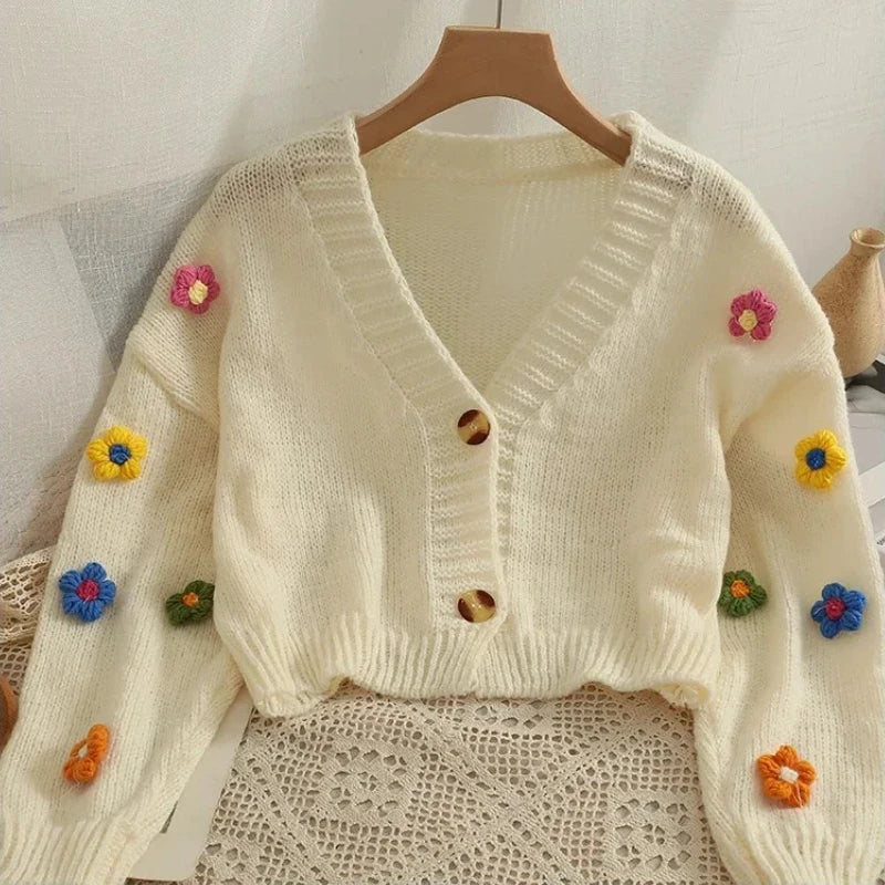 2025 New Autumn Winter Colourful Applique Flower Cardigan for Women Cute Long  V-neck Knit Crop Sweater Girl Soft Knitwear