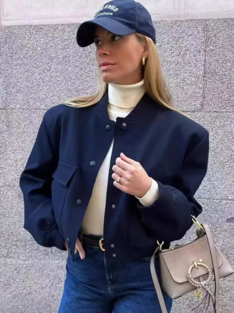 Fashion Women Pockets Bomber Short Jacket Coats Vintage Long Sleeve Front Button Casual Female Outerwear Chic Tops Female Cloth