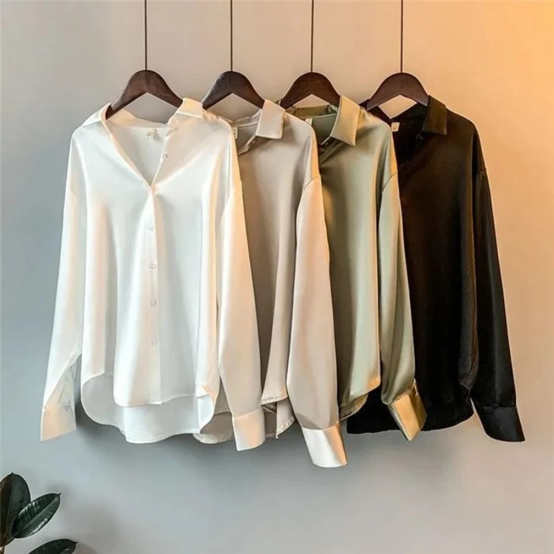 2025 Elegant Satin Loose Women Shirt Spring Autumn Turn-down Collar Ladies Blouse Autumn Vintage Casual Button Silk Tops