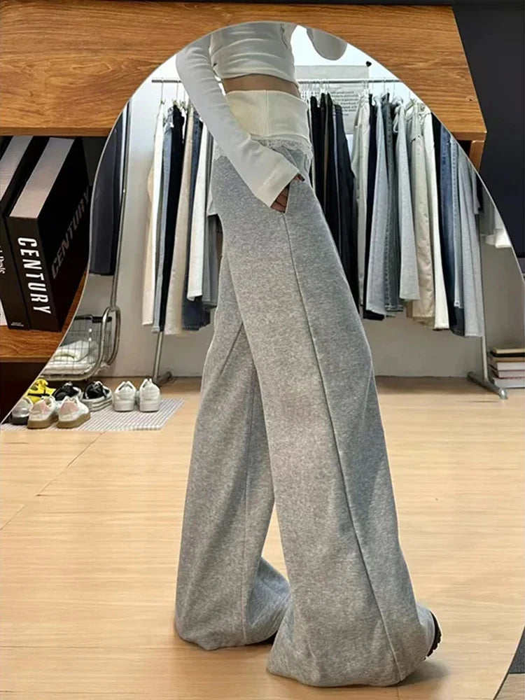 Lace Patchwork Women Wide Leg Pants Autumn Winter Thick Warm Loose Jogging Pants Y2K Korean High Waist Casual Sweatpants New